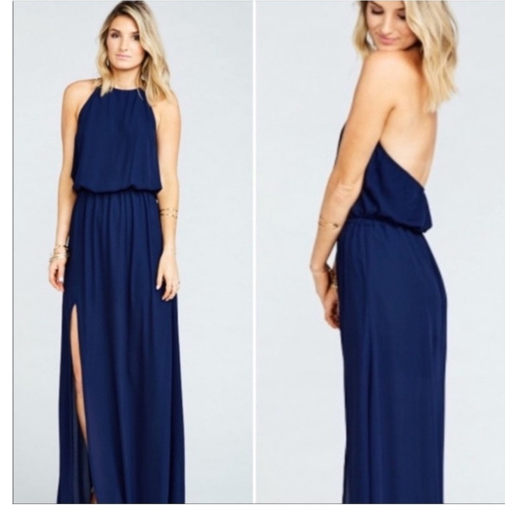 Show Me Your Mumu Navy Blue Heather Halter Neck MaxiDress Backless Slit   Medium